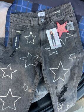 Simple Society Women's Black Straight Leg Jeans with Rhinestone Stars